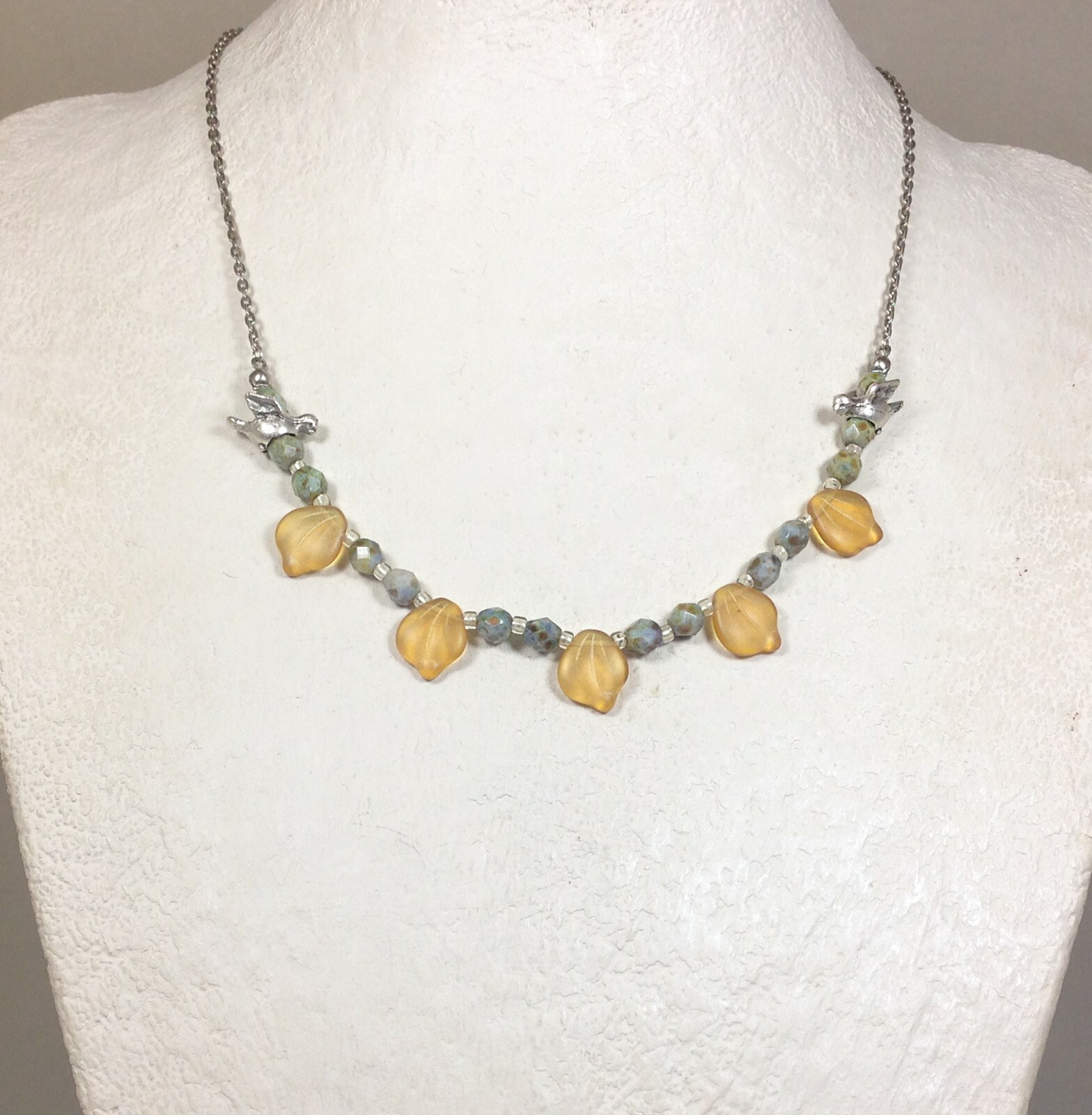 Orange Leaf Choker with Matte Silver Birds and faceted Czech Picasso Beads