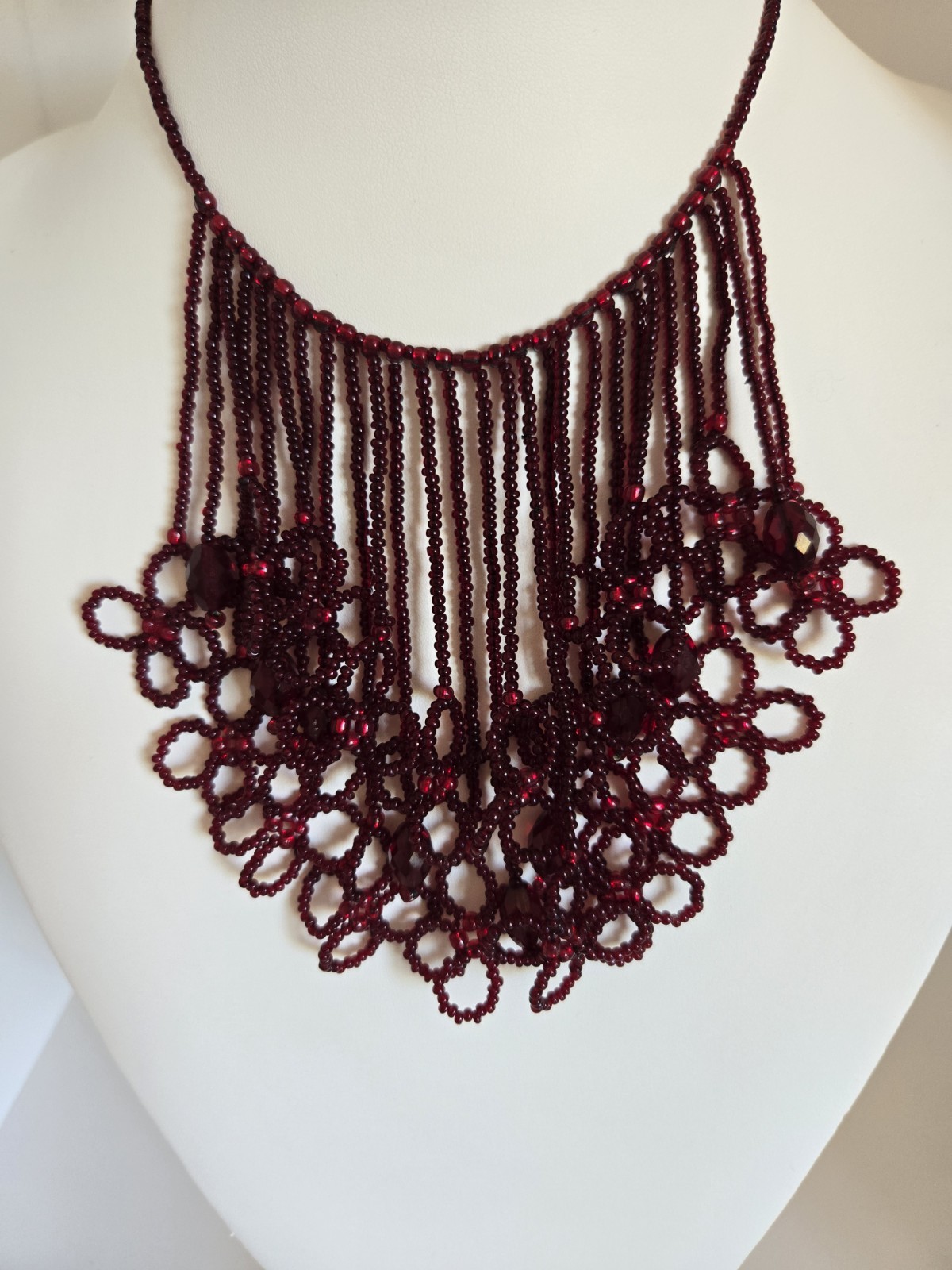 Artisan Hand Beaded Red Seed Bead Waterfall Fringe Flowers Statement Necklace