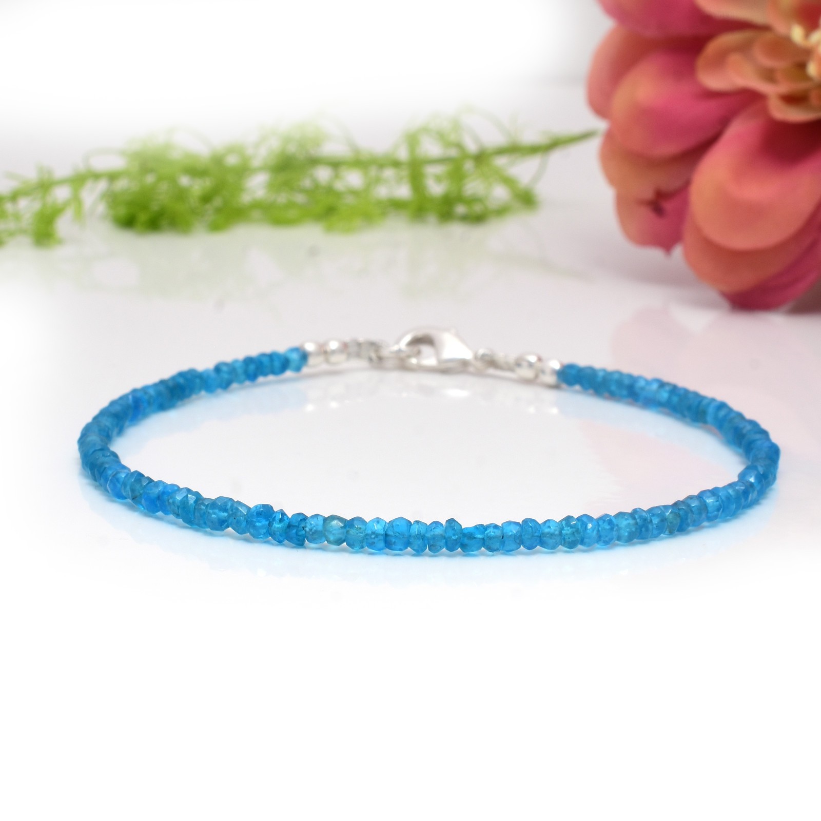 Apatite Bracelet, Neon Blue Apatite Natural Gemstone Delicate Bracelet Handmade