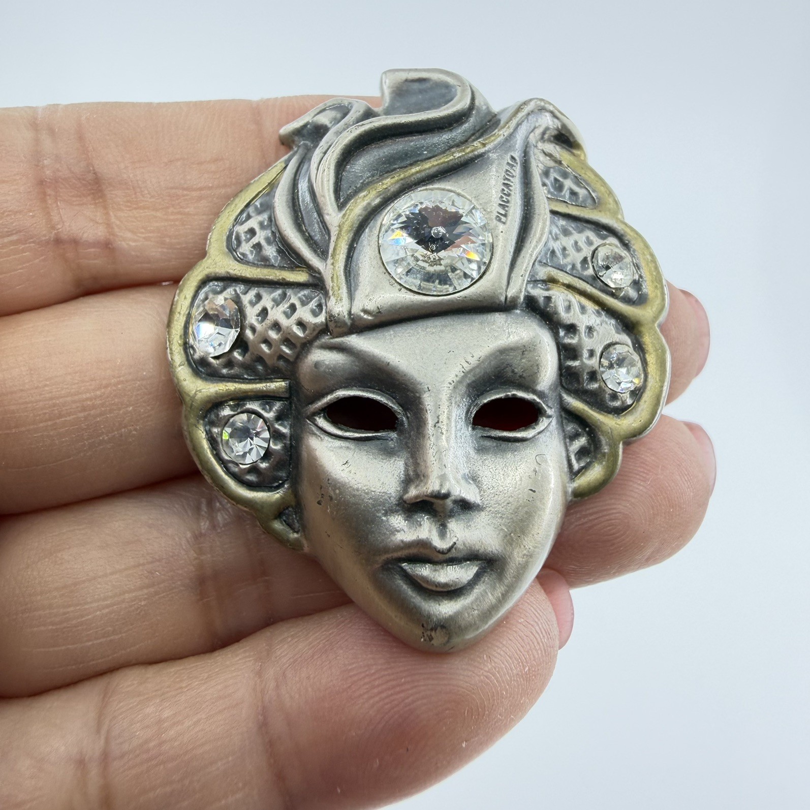 Rare Signed Placcato Ag Carnival Mask Pewter Vintage Rhinestone Brooch Pin