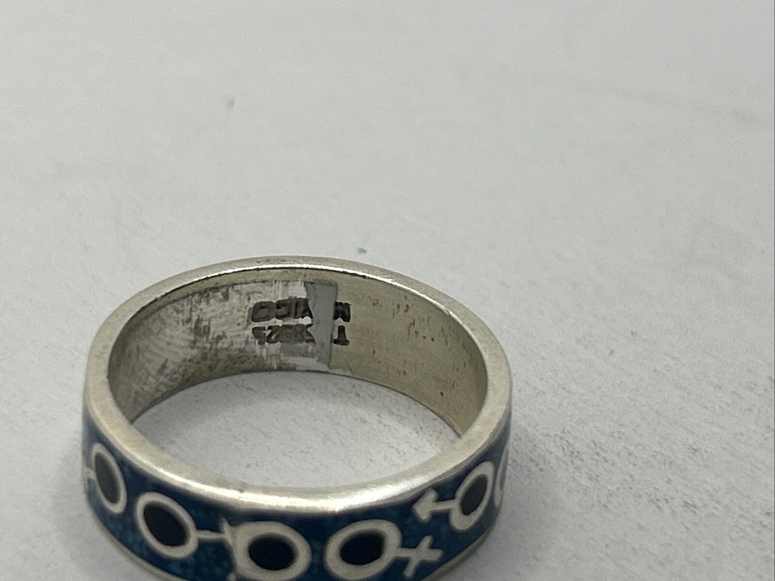 925 Sterling Silver male female ring black and blue enamel size 7.5, Mexico