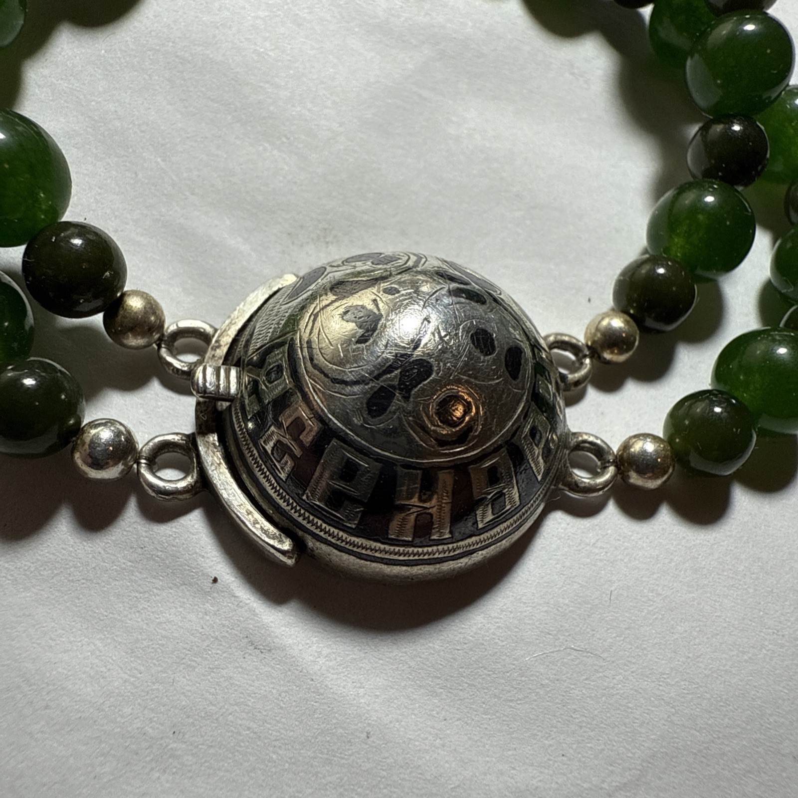 Bracelet 2 Strand Jade Sterling Big Unusual Clasp Vintage 7.75”