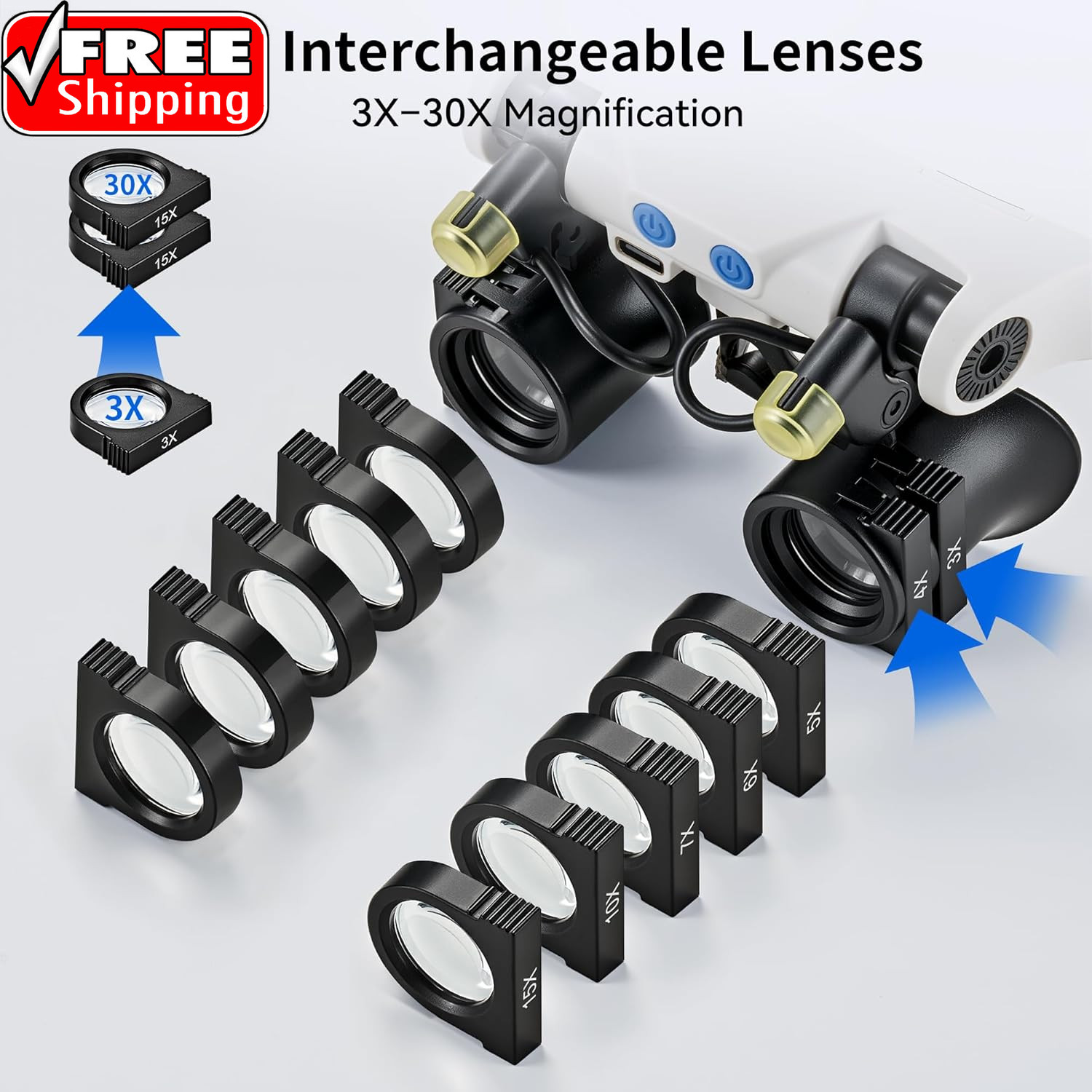 Magnifying Glasses with LED Light, Hands Free Magnifier with 14 Interchangeable
