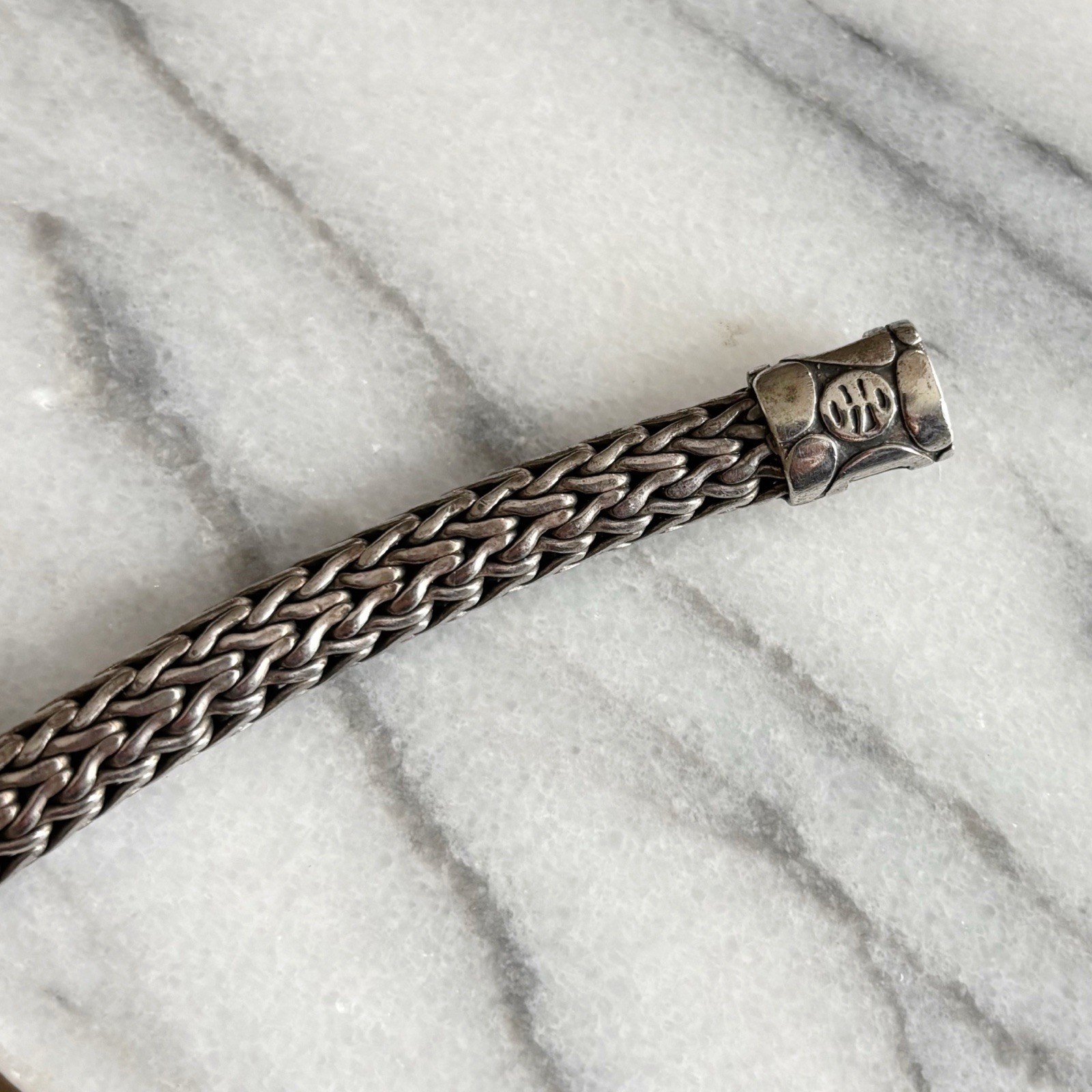 John Hardy Kali Pebble Sterling Silver Weave Chain Push Lock Bracelet 7.75”