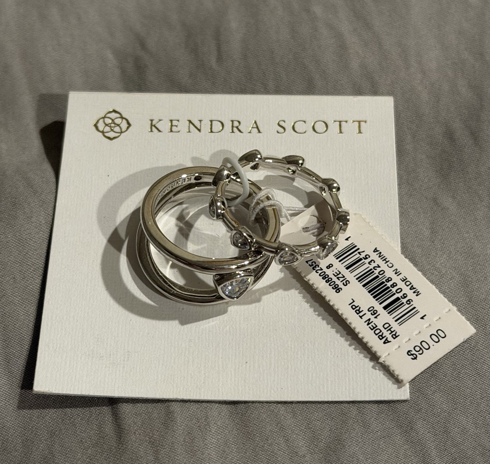 Kendra Scott Arden Silver Ring Set W/White Crystals Sz 8