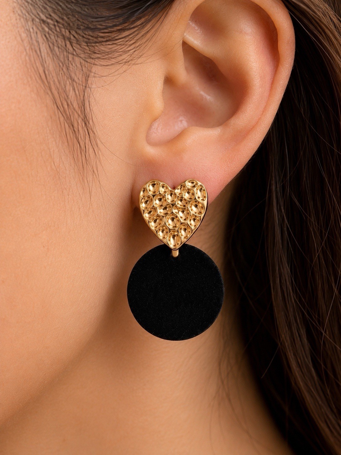 Black Velvet Heart Drop Earrings Gold Tone Statement Gift Box Included