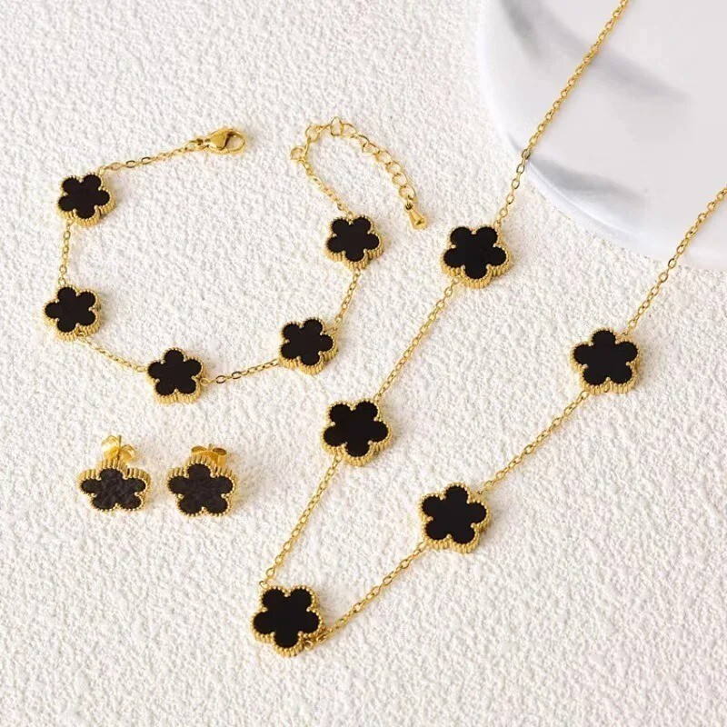 4PC Clover Necklace, Bracelet, Earring set white leaf Plant Five Leaf Flower Set