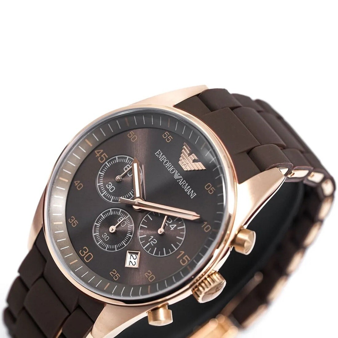NEW GENUINE EMPORIO ARMANI AR5890 BROWN & ROSE GOLD SILICONE STRAP MENS WATCH