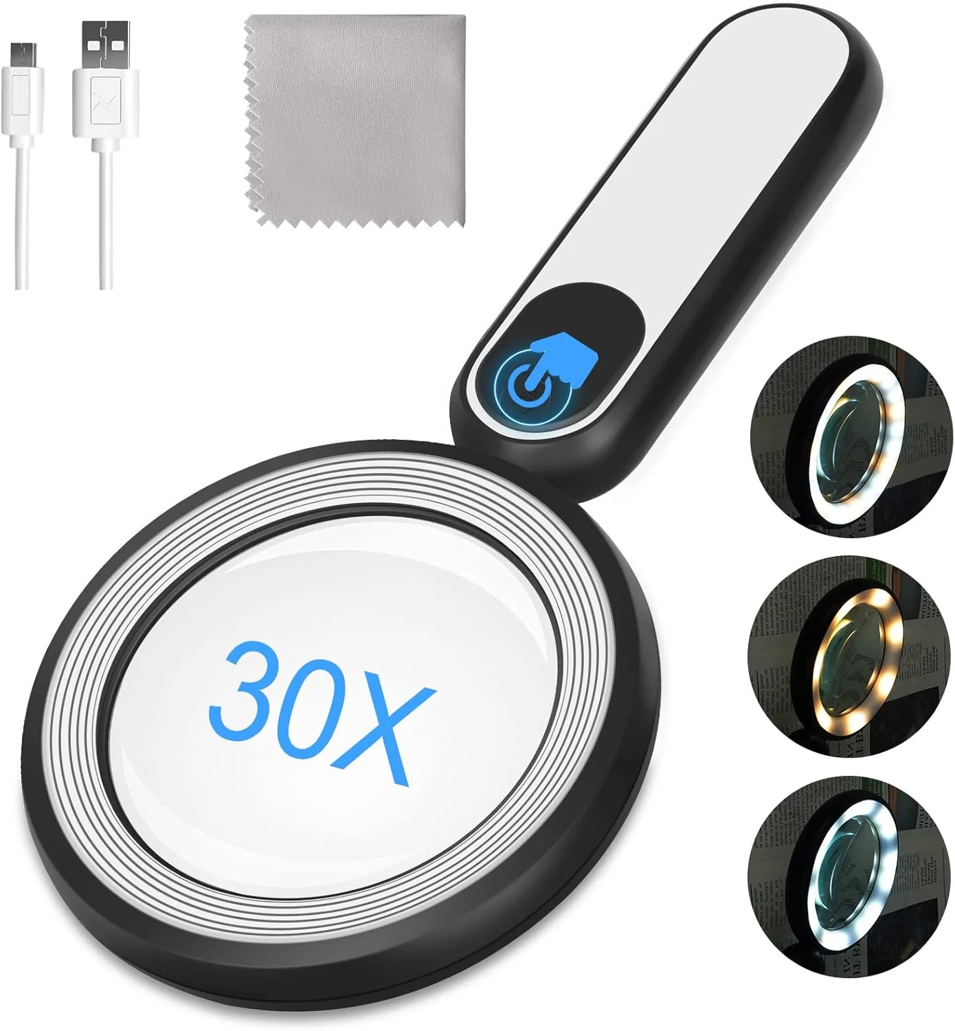 Rechargeable Magnifying Glass with Light, 30X 4.7IN Handheld Large Lightweight L