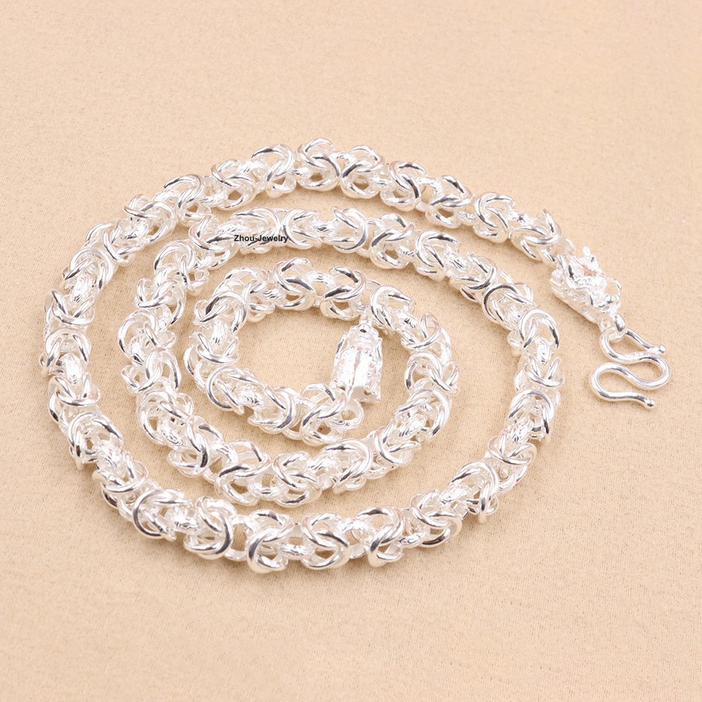 Real S999 Fine Silver Necklace 6.5mm Byzantine Link Chain with Dragon Head