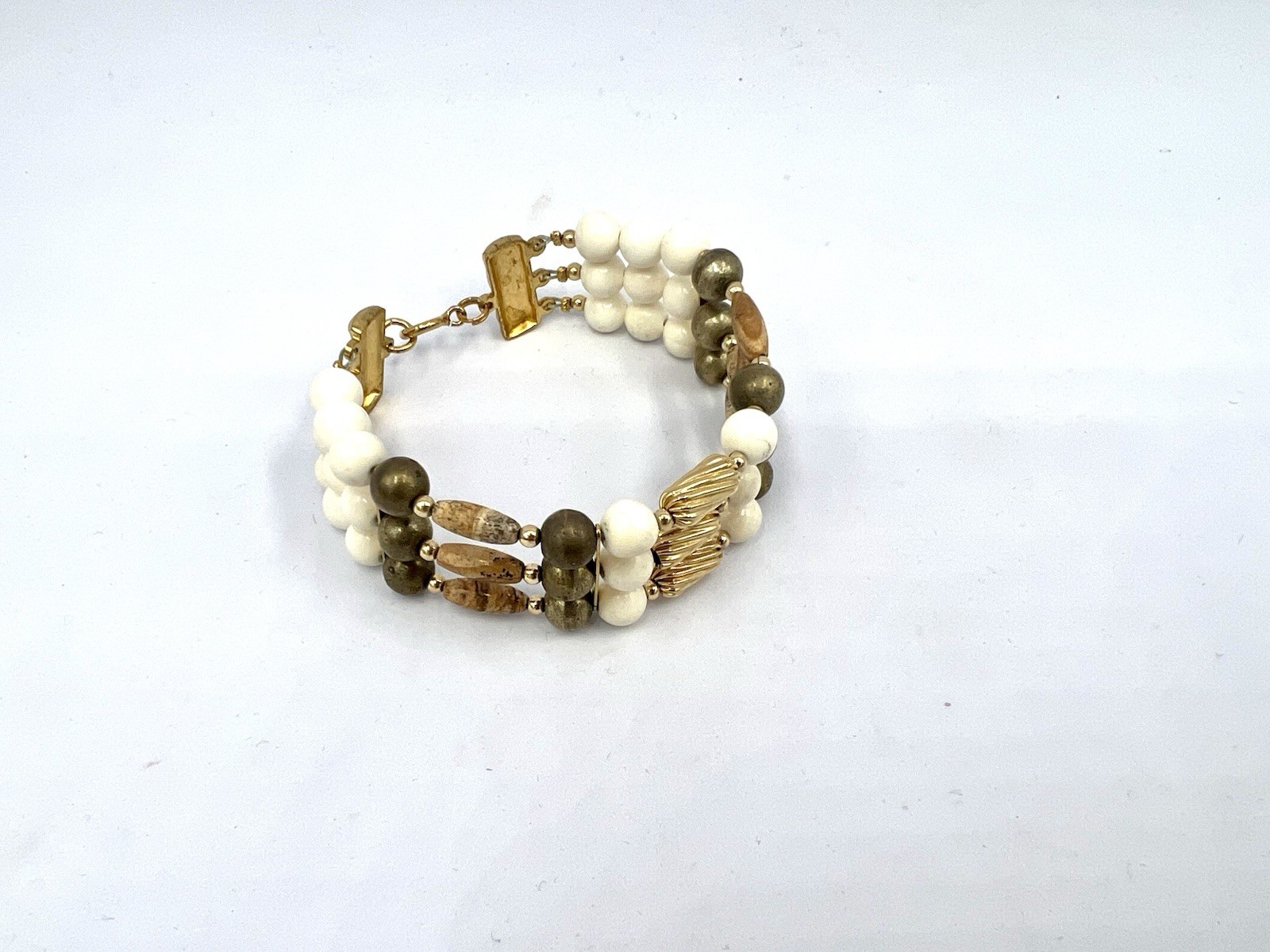 Vintage Silver Gold Ivory Brown Tan Gemstone Bead Wide Bracelet RO-DO NOS JD