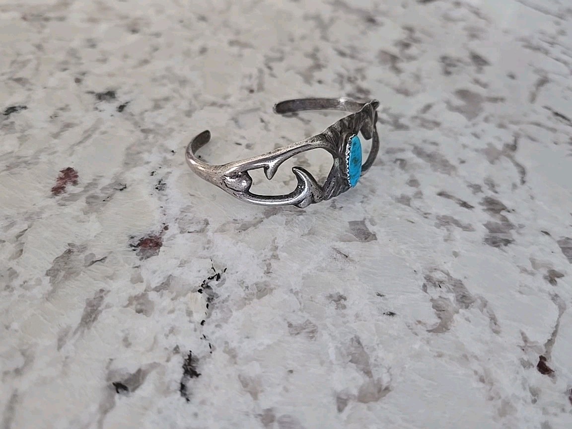 Vintage Sandcast Nickle Silver Cuff Bracelet With Oval Turquoise Stone 5.5″