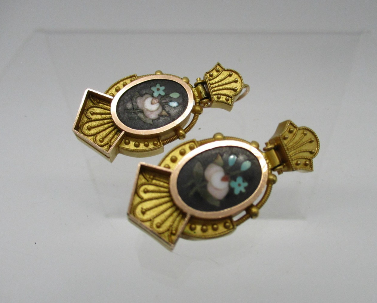 Antique Italian Gold Pietra Dura Floral Mosaic Victorian Pierced Earrings