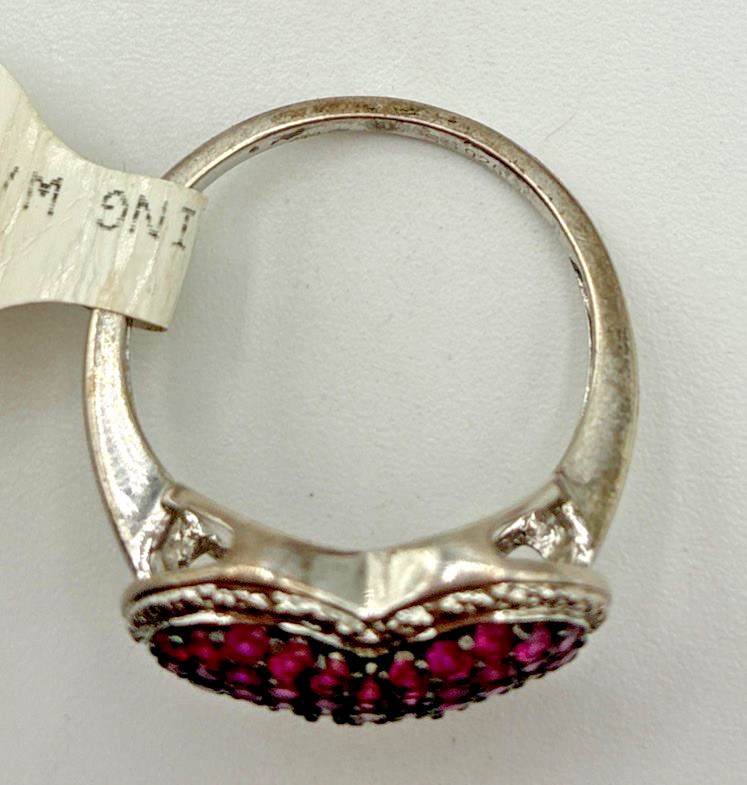 Sterling Silver 925 Ring Size 7.75 Pave Heart Dark Pink Stones Halo 3.7g