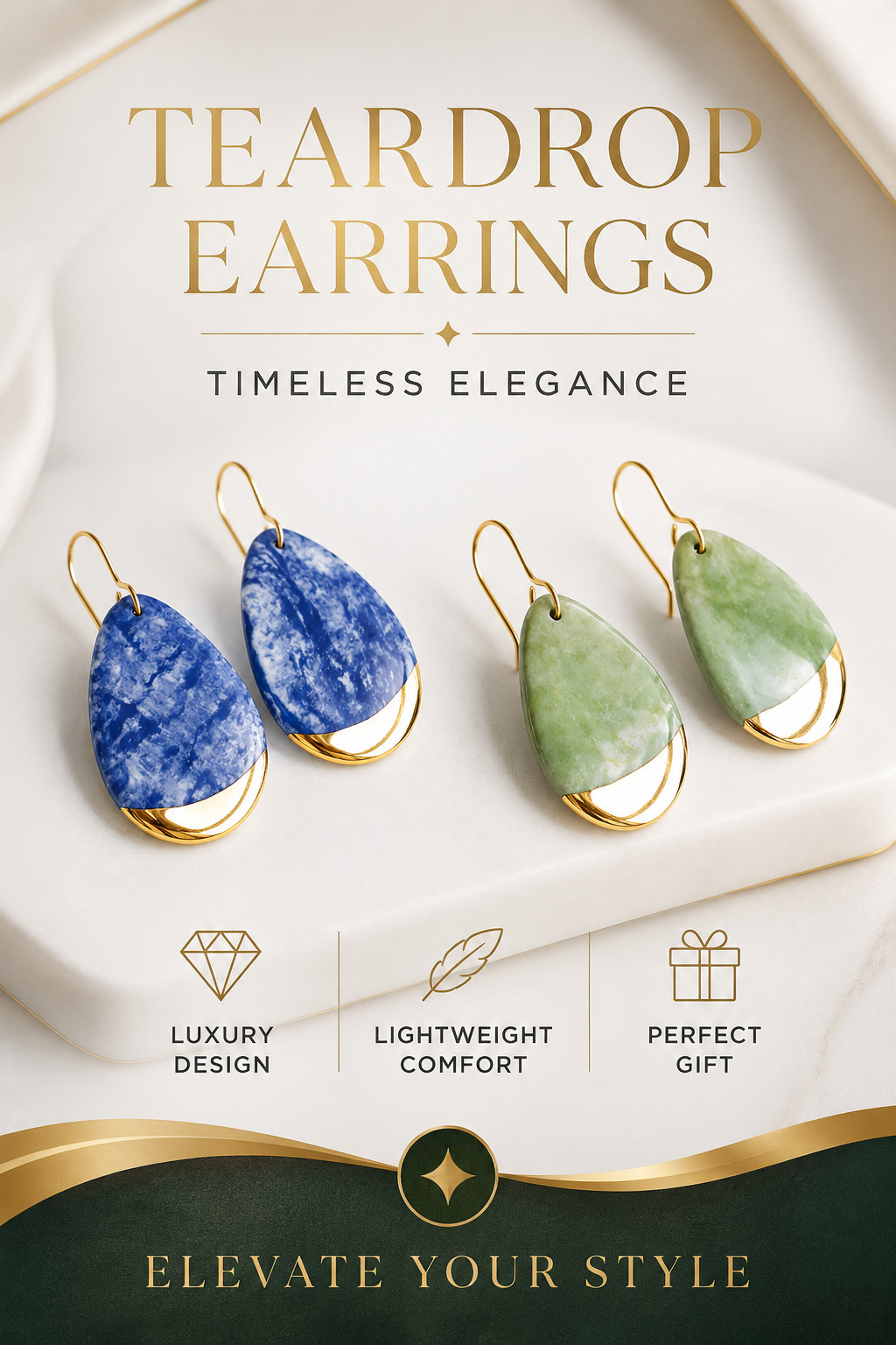 European Style Teardrop Dangle Earrings Blue Green Gold Tone Luxury Chic