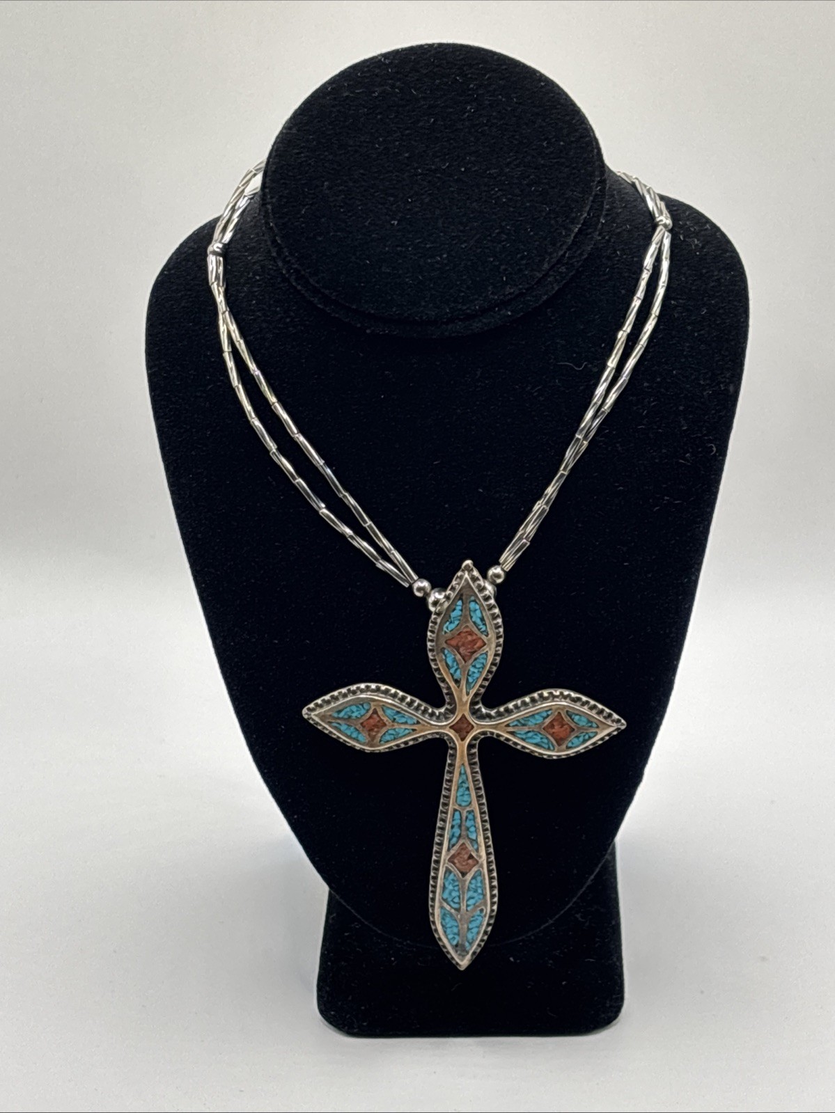 Vintage Native American Crushed Turquoise & Coral Inlay Cross 25.5″ Necklace
