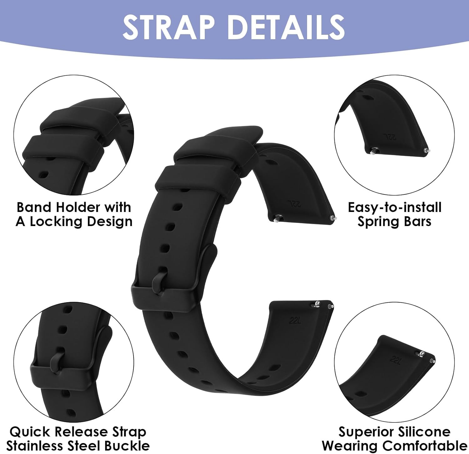 Waterproof Silicone Watch Bands with Stainless Steel Buckle for Smart Watch 22mm