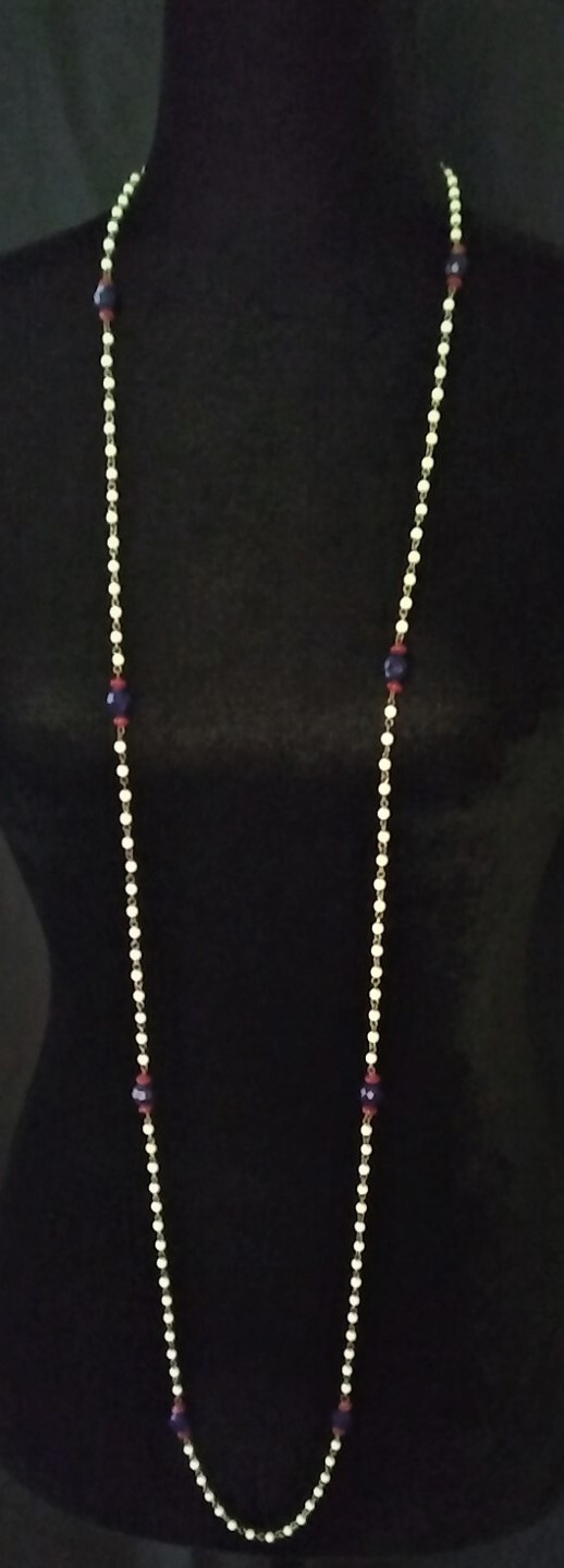 VINTAGE MULTICOLOR RED WHITE BLUE BEADED PATRIOTIC CHAIN BEADS NECKLACE 56″ LONG