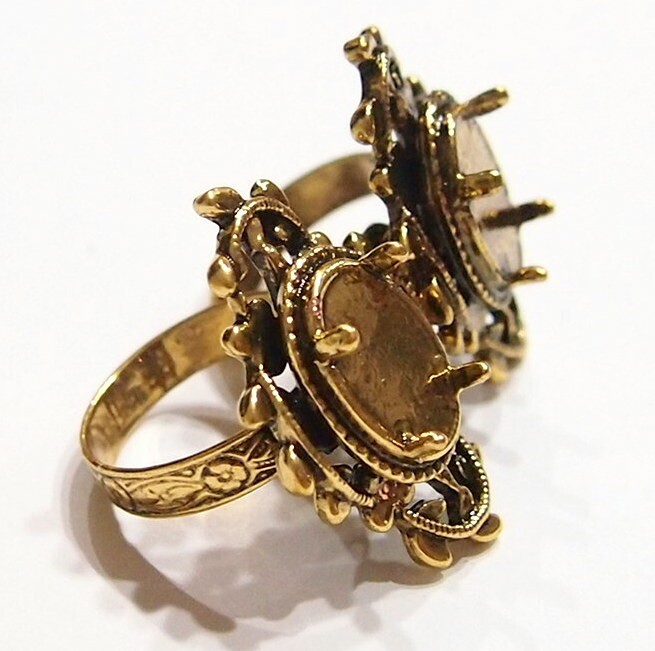 6 – 14x10mm Antique Gold Victorian Deco Loop & Leaves Adjustable Ring Settings