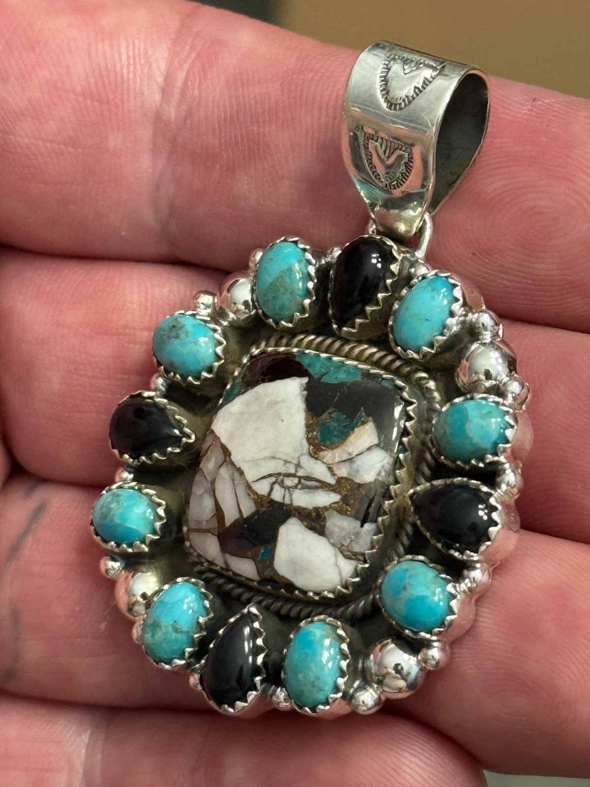 STERLING SILVER TURQUOISE WHITE BUFFALO MIX ONYX BIG CLUSTER DOME PENDANT .925