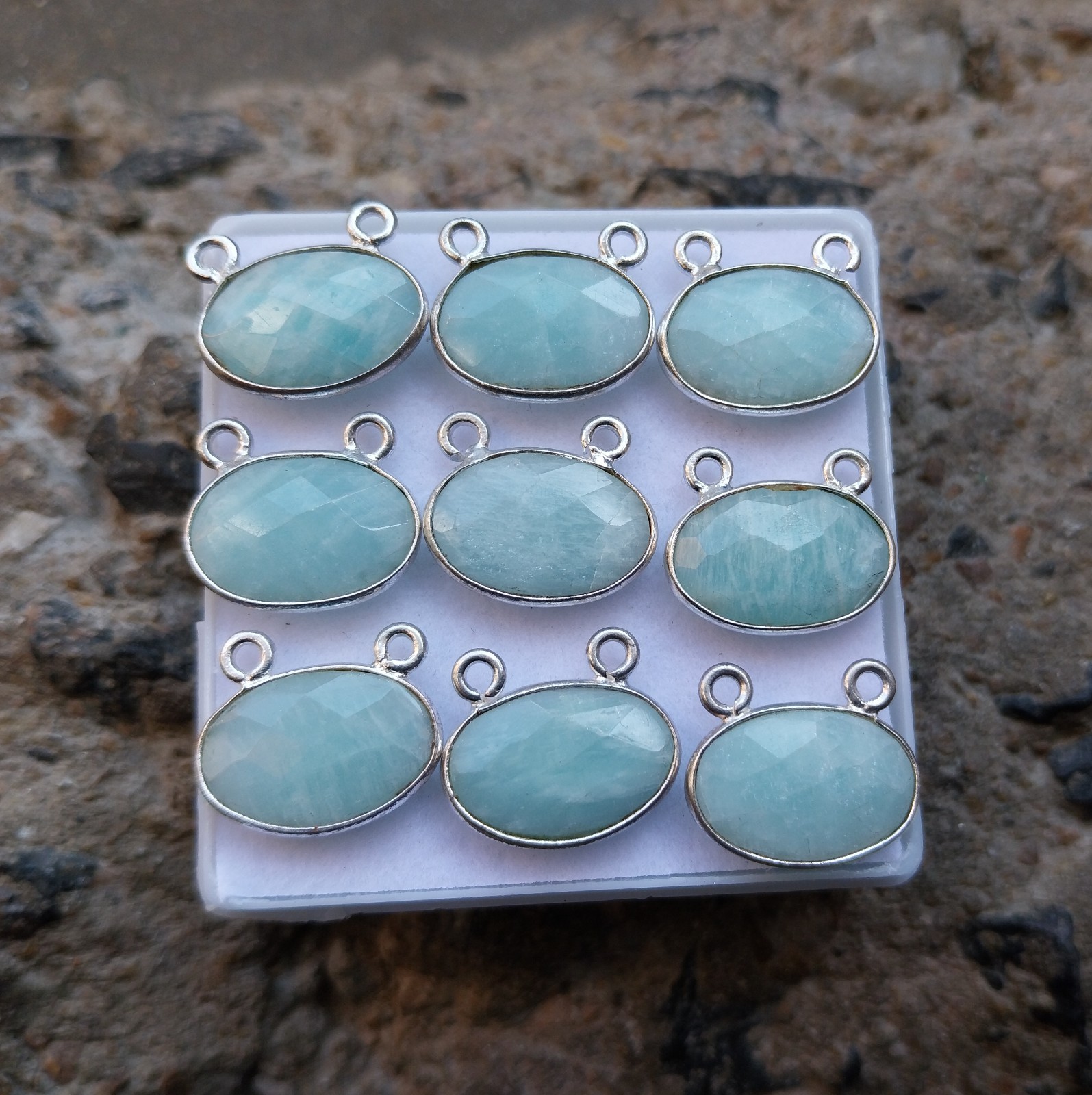925 Sterling Silver 12 to 16 MM Amazonite Oval 9 Piece Double Loop Pendant