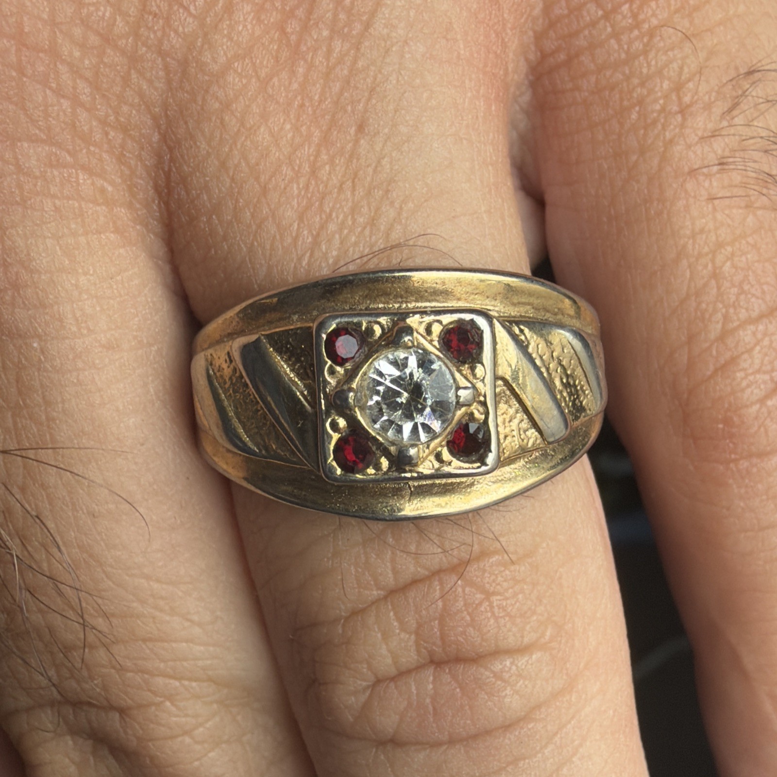 Vintage 14k GE Cubic Zirconia & Ruby Man’s Ring Size 12.75
