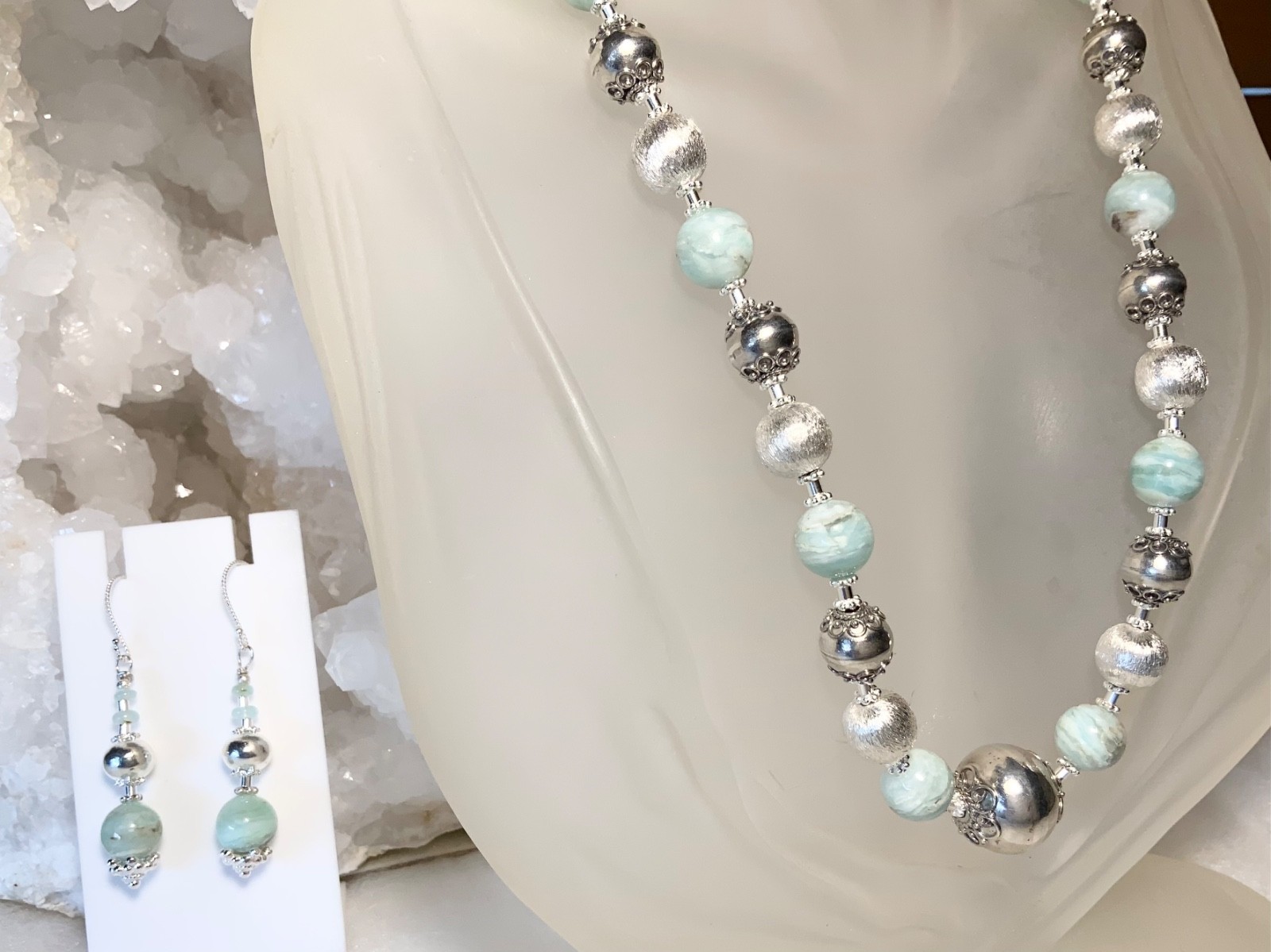 SS .925 BLUE PERUVIAN OPAL NECKLACE & EARRINGS AND SET