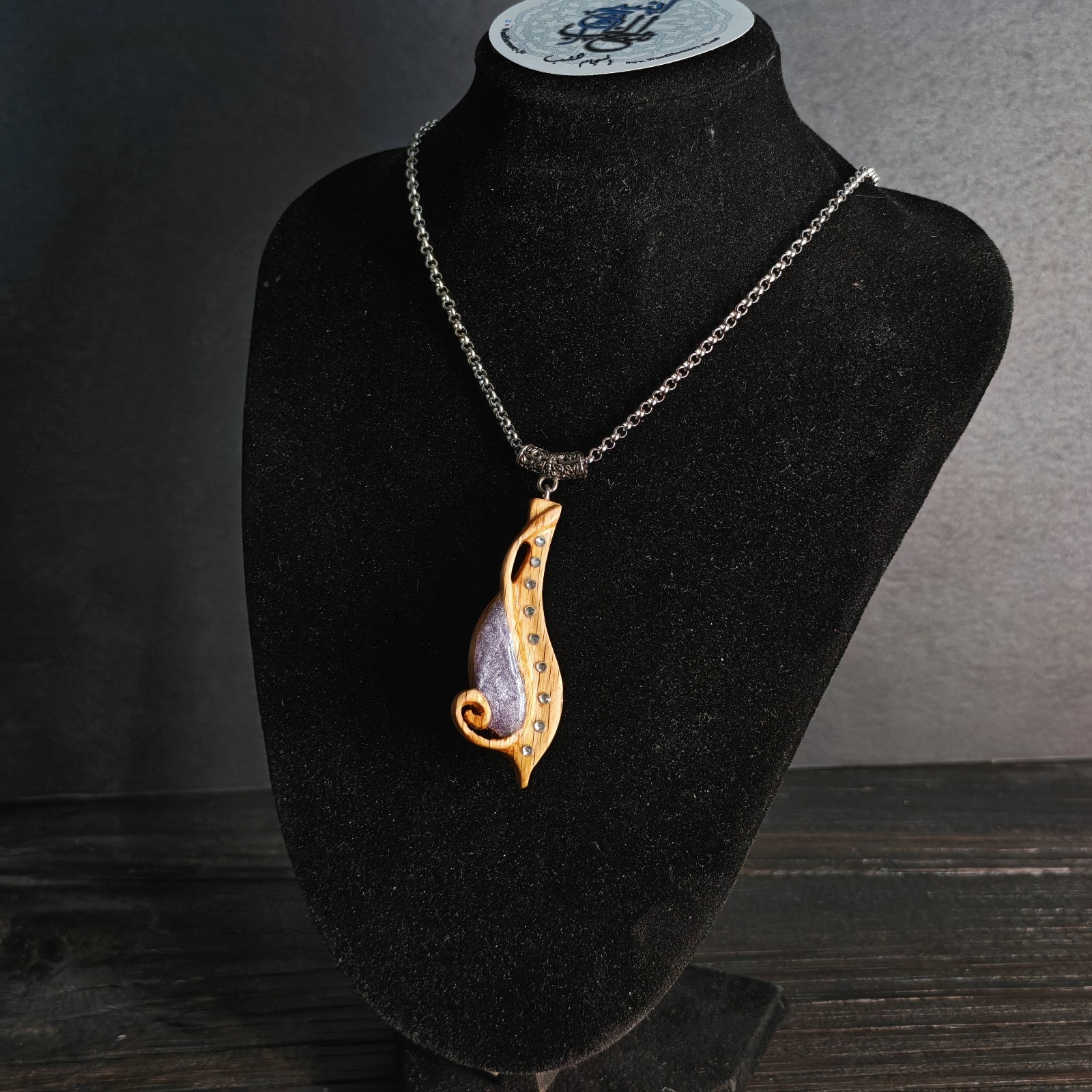 Handcarved Oak Wood Resin Musical Note Necklace Stainless Steel Chain Jewelry