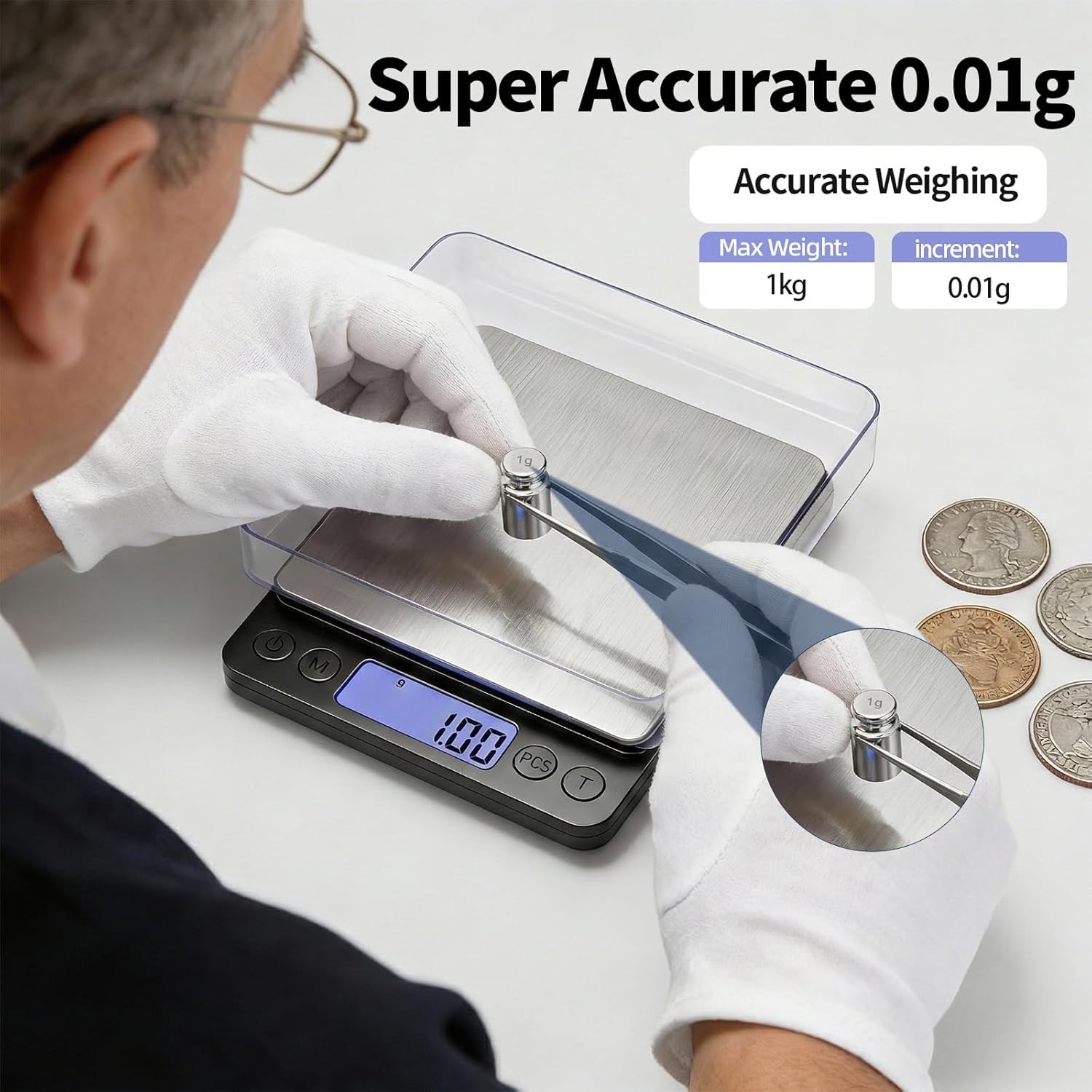 Coin scale 1kg 0.01g accuracy for coins gold jewelry with USB charging LCD
