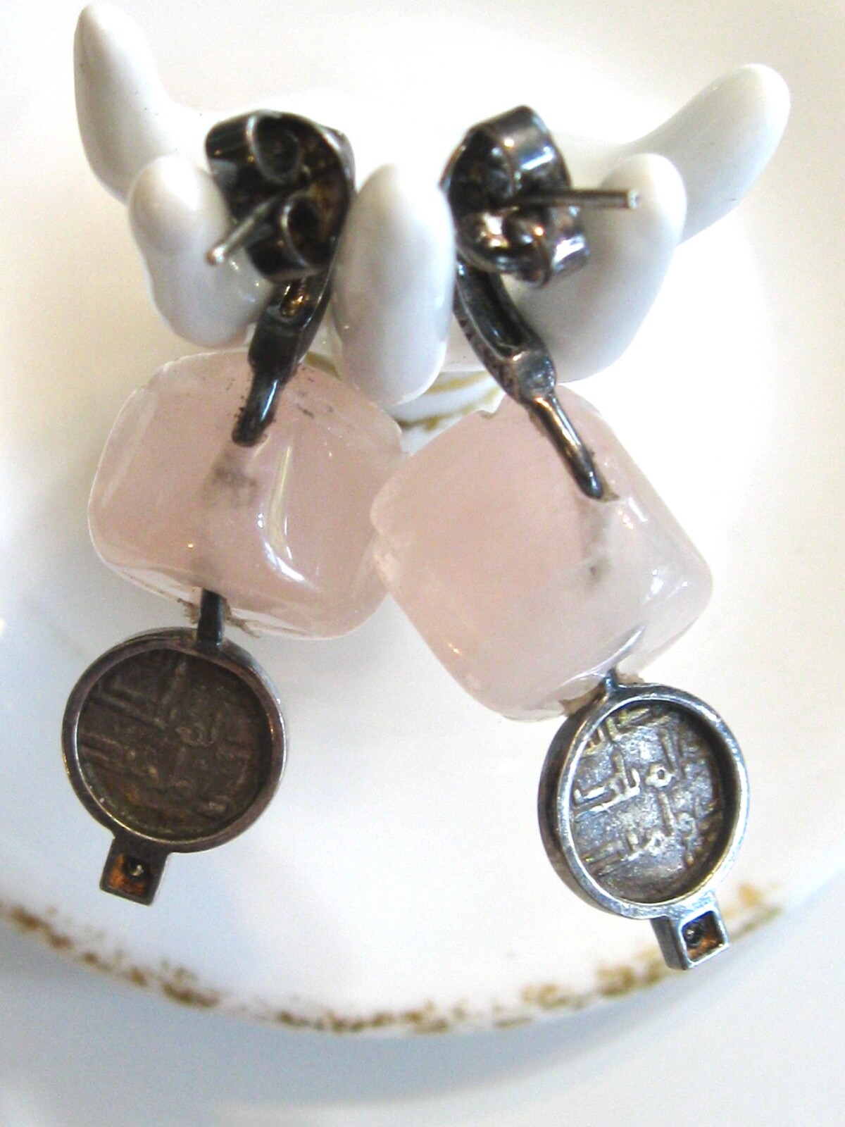 HANDMADE POST EARRINGS FLORAL CARVED ROSE QUARTZ COINS DIAMONDS MYSTERY NUMBER