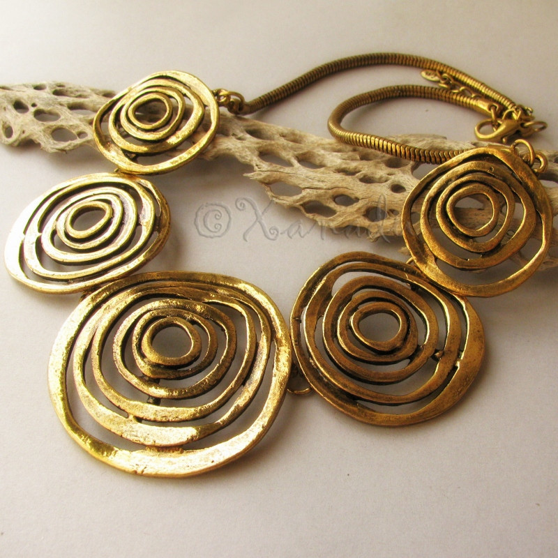 Gold Tone Spiral Circle Statement Necklace Modern Geometric Fashion Jewelry