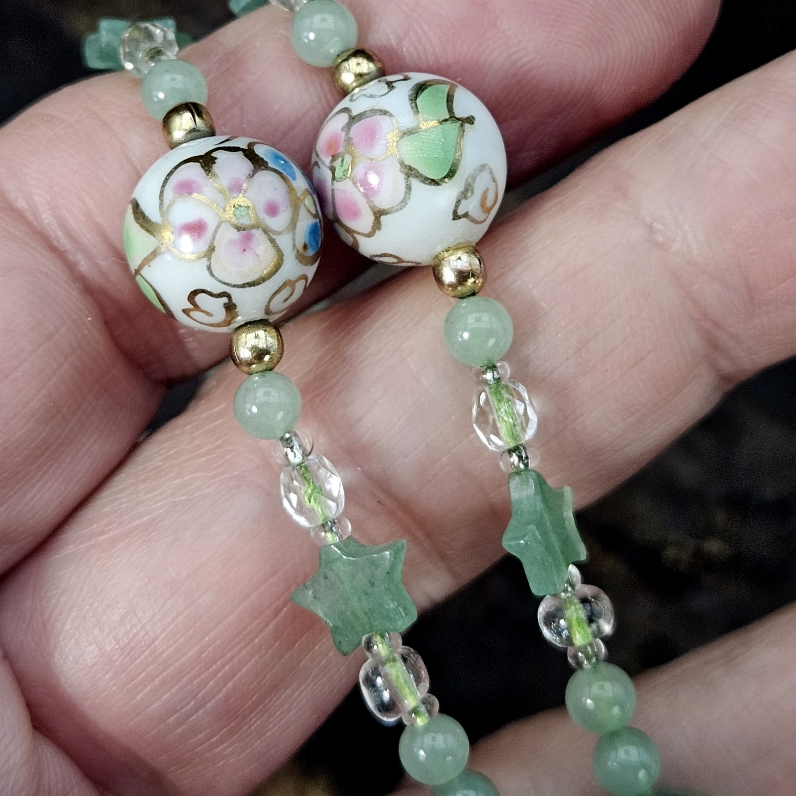VTG Asian Jadeite Tested Carved Cat Pendant Necklace Aventurine Cloisonne 28″