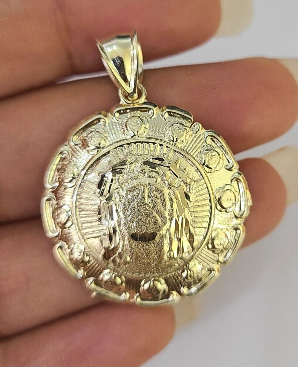Real 10K Jesus Virgin Mary Pendent Charm 10kt yellow Gold 1.5″ Guadalupe