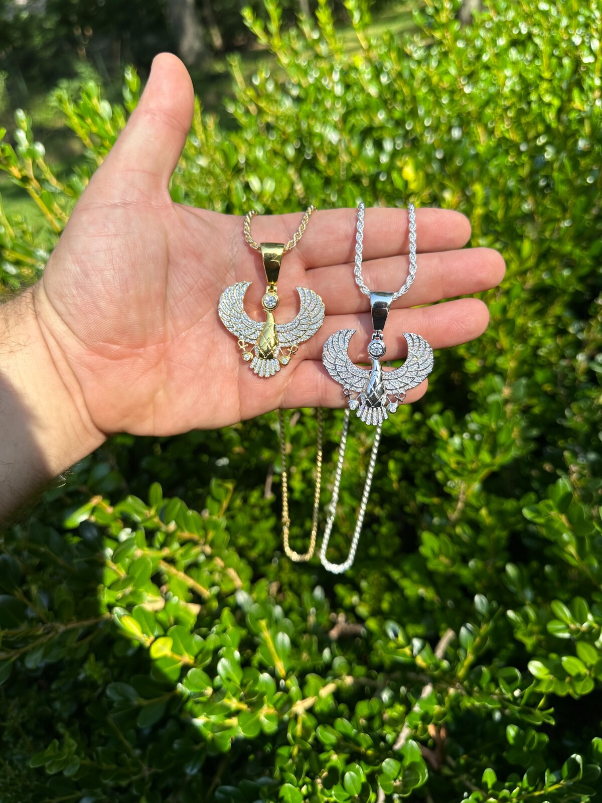 MOISSANITE Horus W. Ankh Pendant Real 925 Silver / Gold Iced Egyptian Necklace