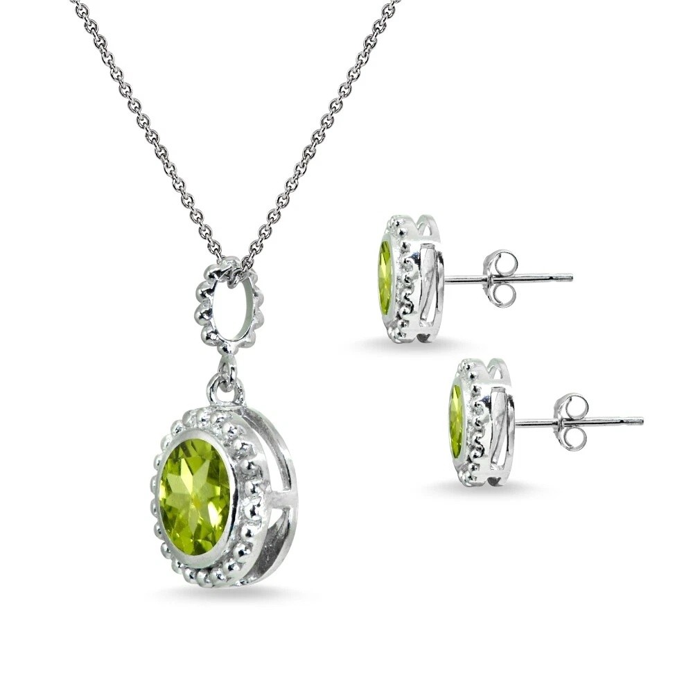 6mm Round Peridot Halo Bezel-Set 925 Silver Pendant Necklace & Stud Earrings Set