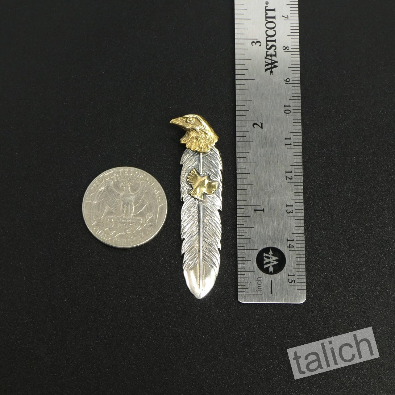 925 Sterling Silver Feather with Shiny Brass Eagle Head Pendant Great Details