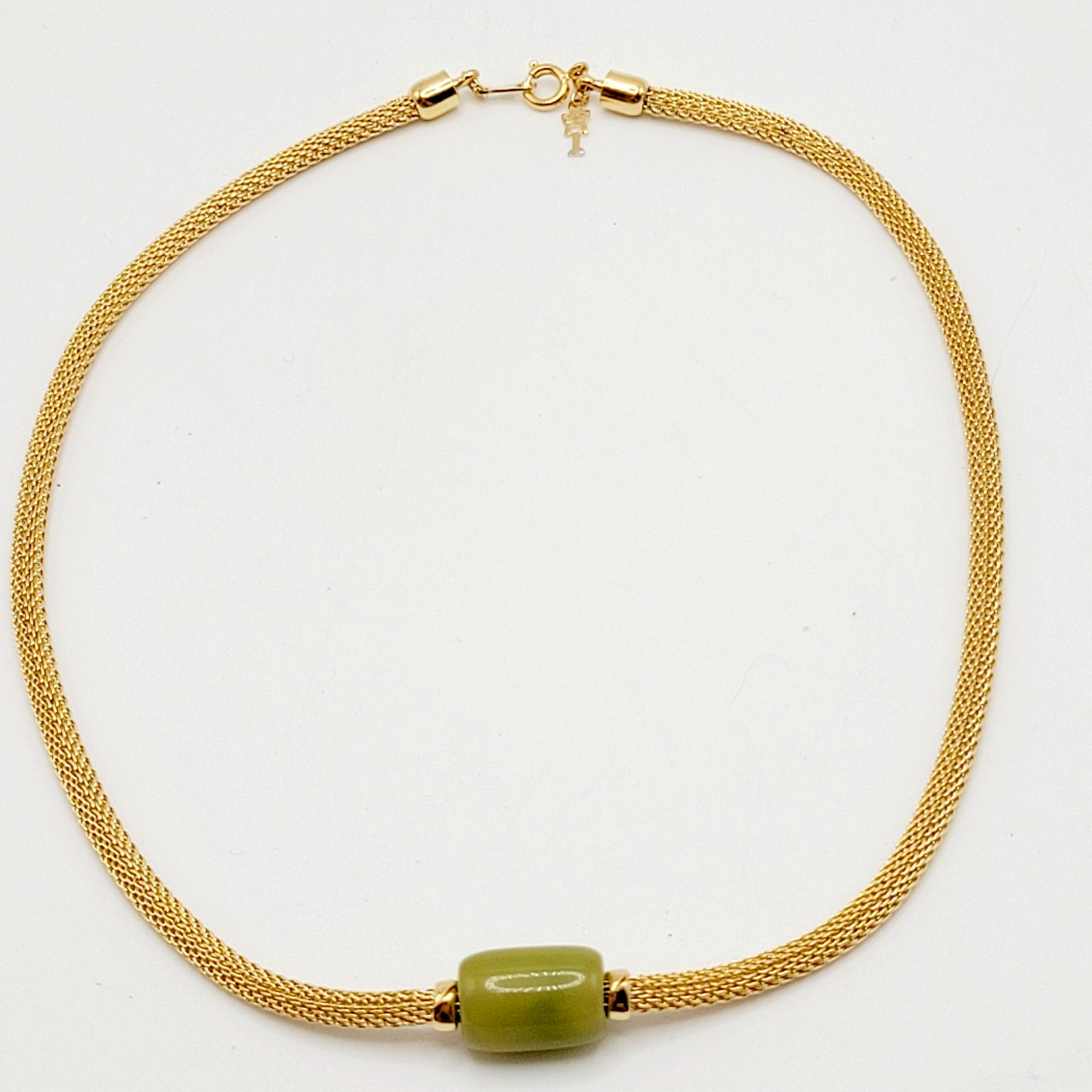 Crown Trifari Mesh Choker Necklace Lime Green Lucite Fixed Barrel Pendant 15 in