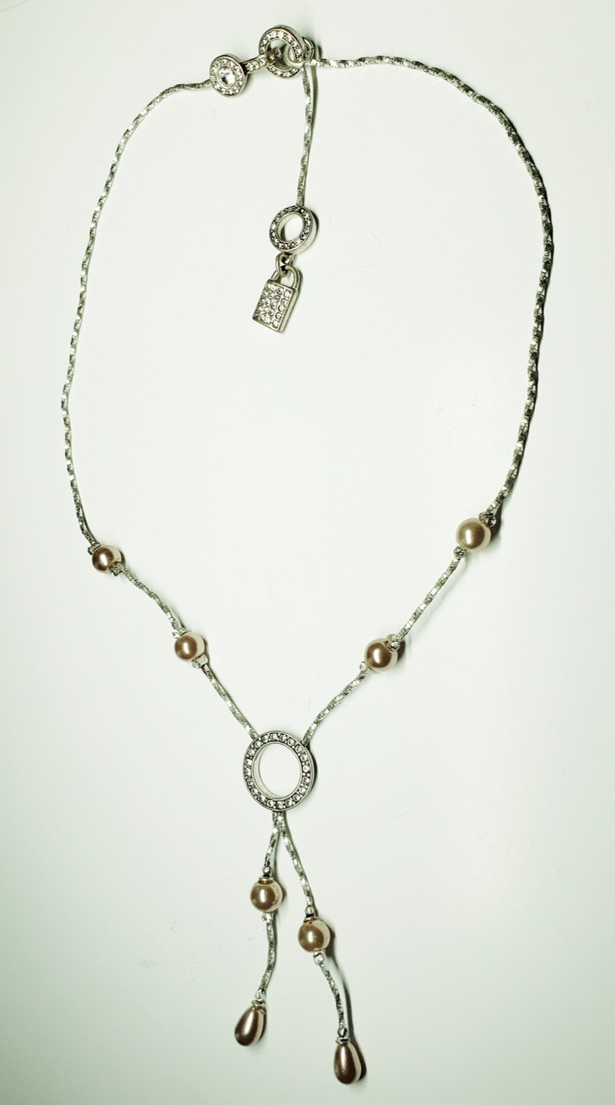 Ellen Tracy 18” Necklace Crystal Rhinestone Faux Pearl Drop Choker Silver Tone
