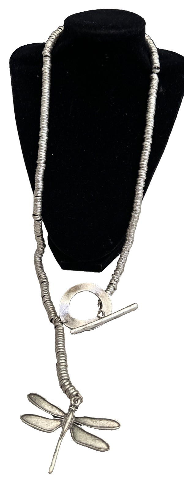 Artisan DRAGON FLY Pendent Necklace Circle Toggle 36” Silver Toned Pewter
