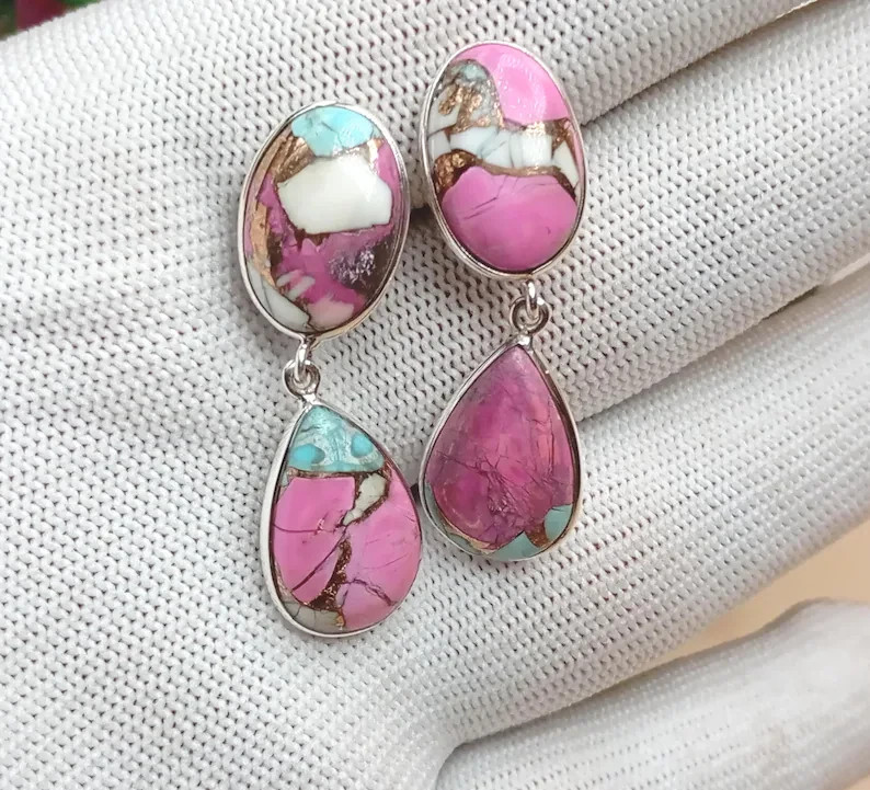 Sterling Silver Pink Oyster Turquoise Stud Earrings – Round Cut Valentine’s Day