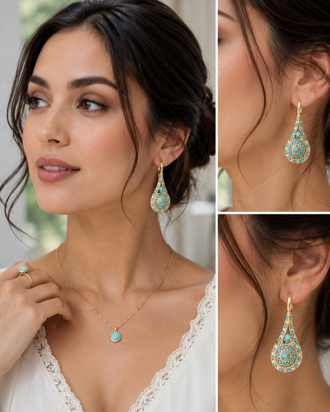 Vintage Style Blue Turquoise Drop Earrings Gold Tone Bohemian Jewelry