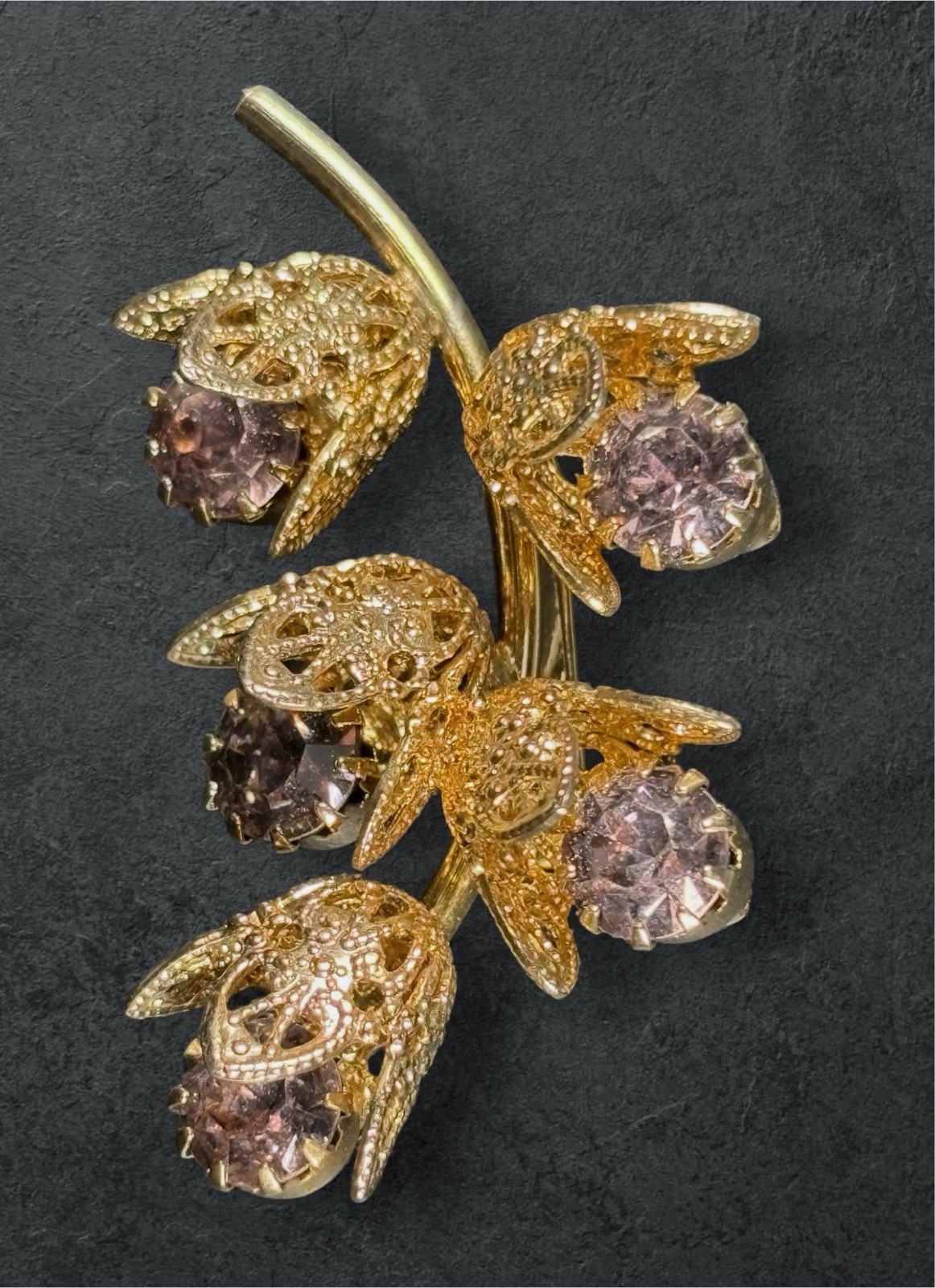 Vintage Gold Tone Filigree Flower Brooch Lavender Rhinestone Pin Unsigned