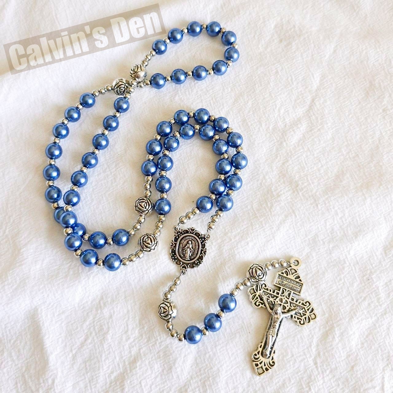 Blue Pearl Bead Rosary Necklace Miraculous Medal Rosebud Crucifix Cross Gift