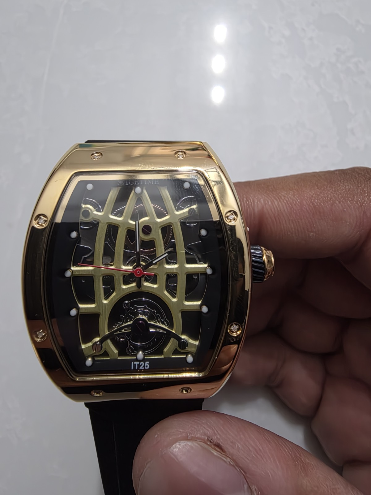 Icetime IT25 Skeleton Dial Tonneau Gold Tone Black Rubber Quartz 42mm 30m