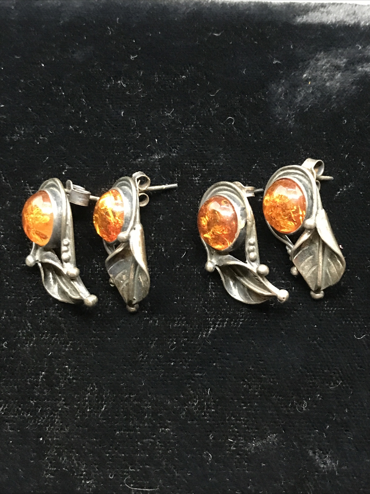 Vintage Sterling Silver 925 Amber Stones Pierced Lilly? Earrings Makers Marked