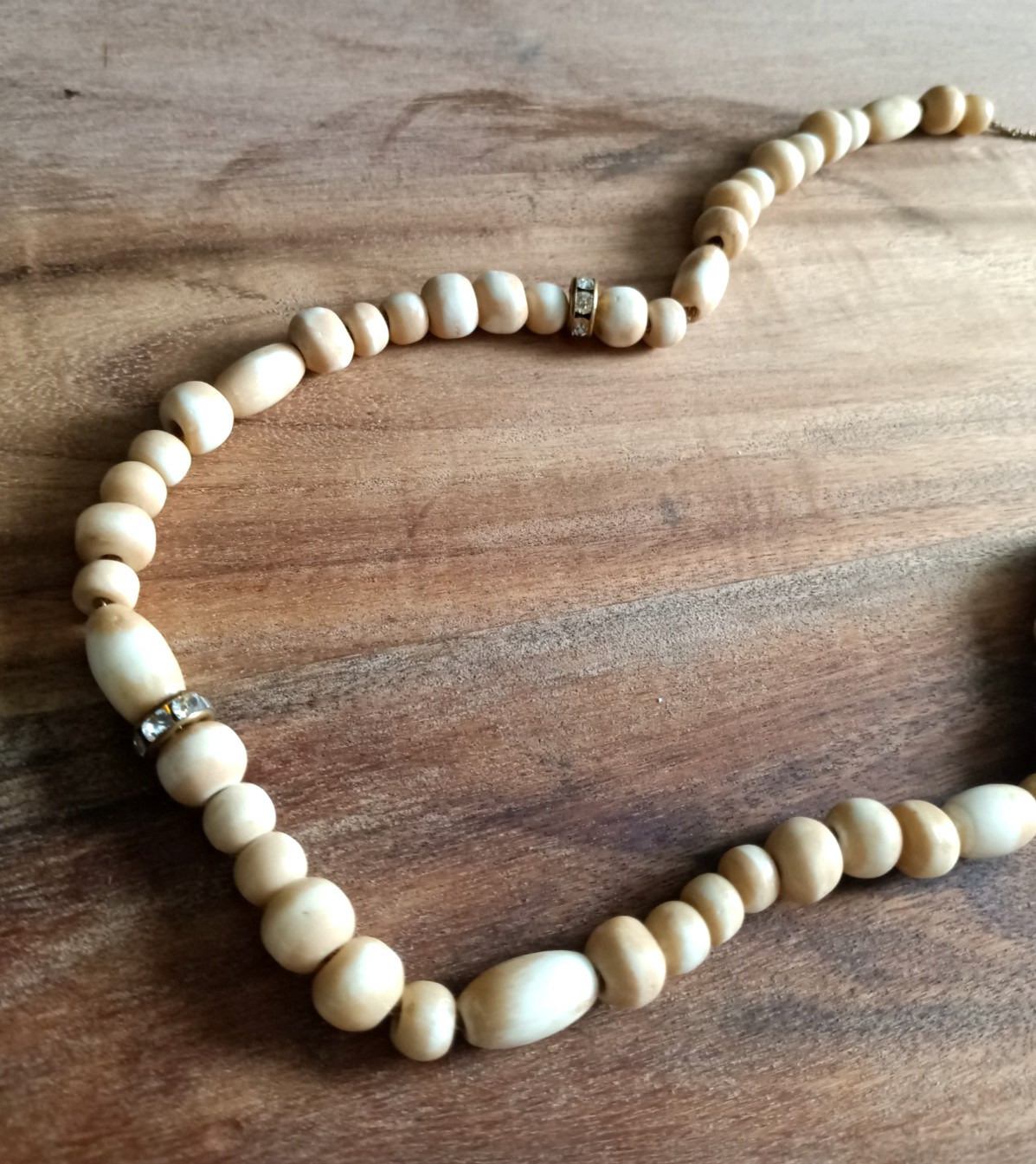 Natural Stone Necklace Bead Neutral Beige Cream Boho Long Rhinestone Spacer 34″