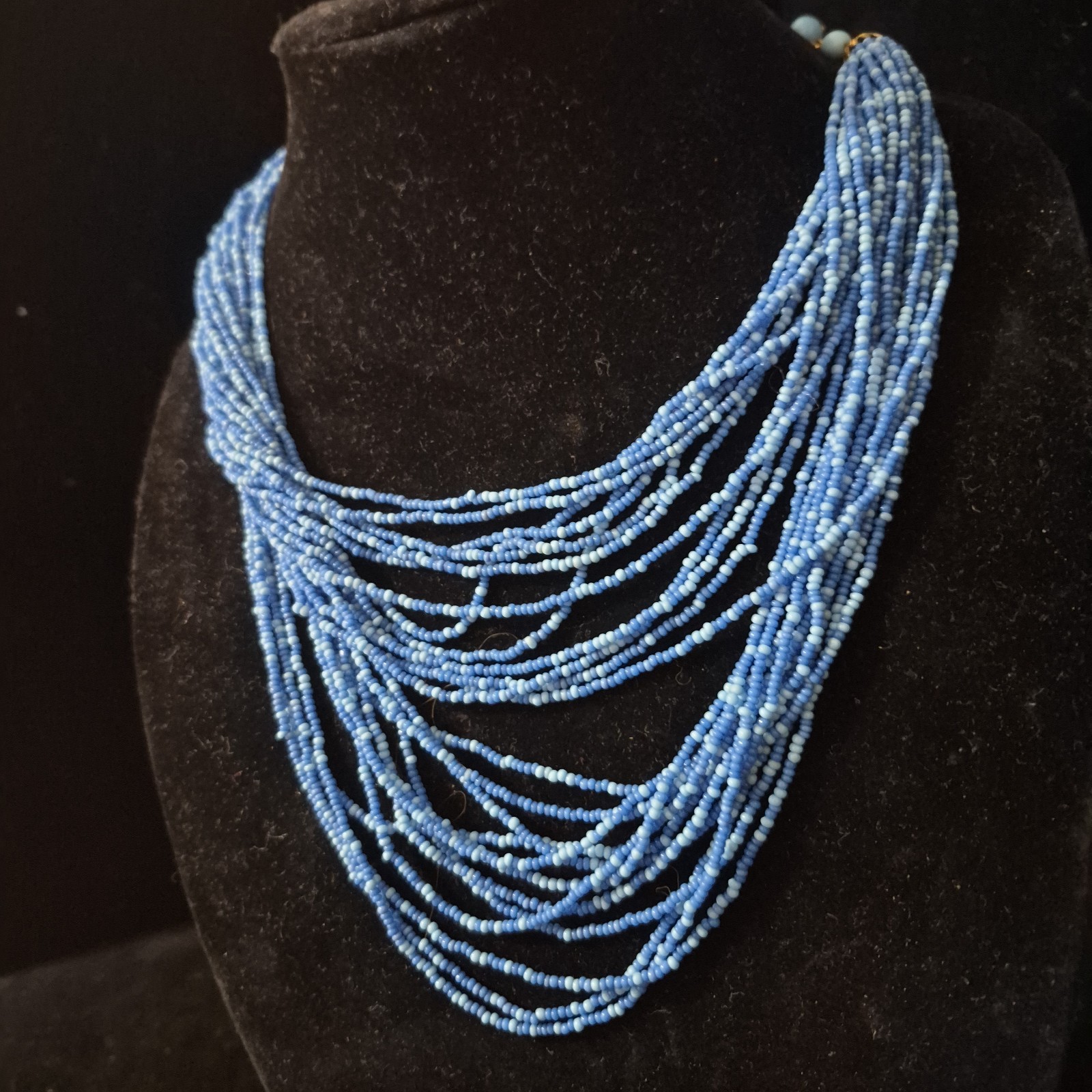 Vtg Boho Multi Strand Blue “Waterfall” Seed Beed Necklace Layered Bib Statement