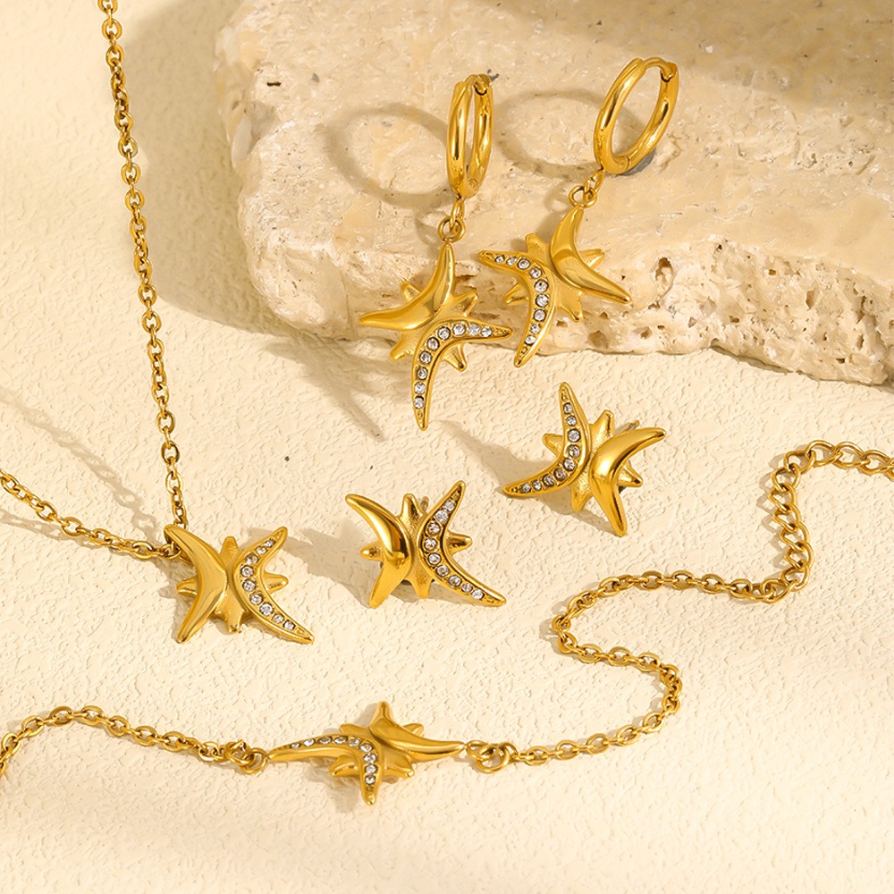 18K Gold Plated Stainless Steel Eight Pointed Star Cubic Zirconia Jewelry Set