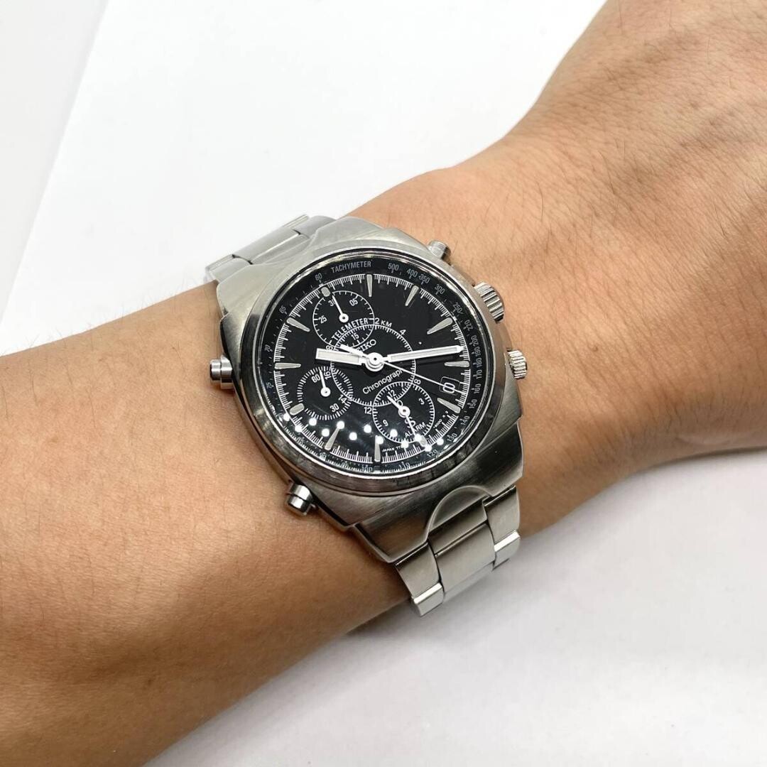 Seiko SUS 7T32-9000 Chronograph Alarm 1997 Black Dial Tachymeter Japan Watch