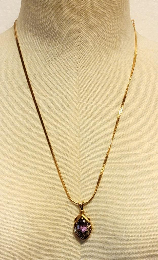 Vintage Stamped GF CFJ Gold Filled AMETHYST Rhinestones Pendant on 21″ Chain